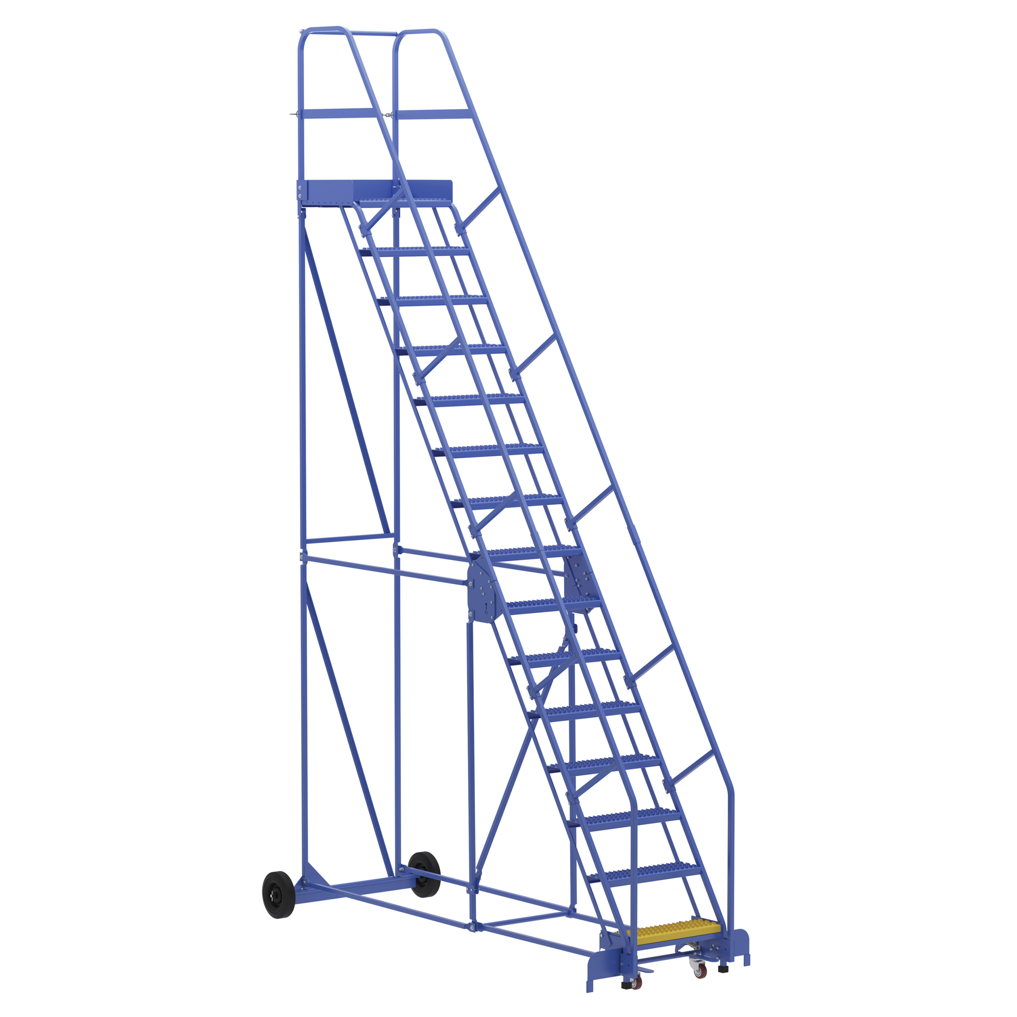 Vestil Steel Rolling Warehouse Ladder — 15 Steps, 23-9/16in. Step Width, 350-Lb. Capacity, Blue, Model# LAD-15-21-G